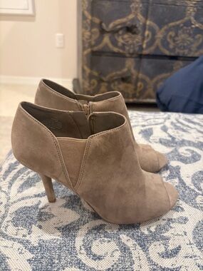 Nine West Taupe Suede Peep-Toe Ankle Booties